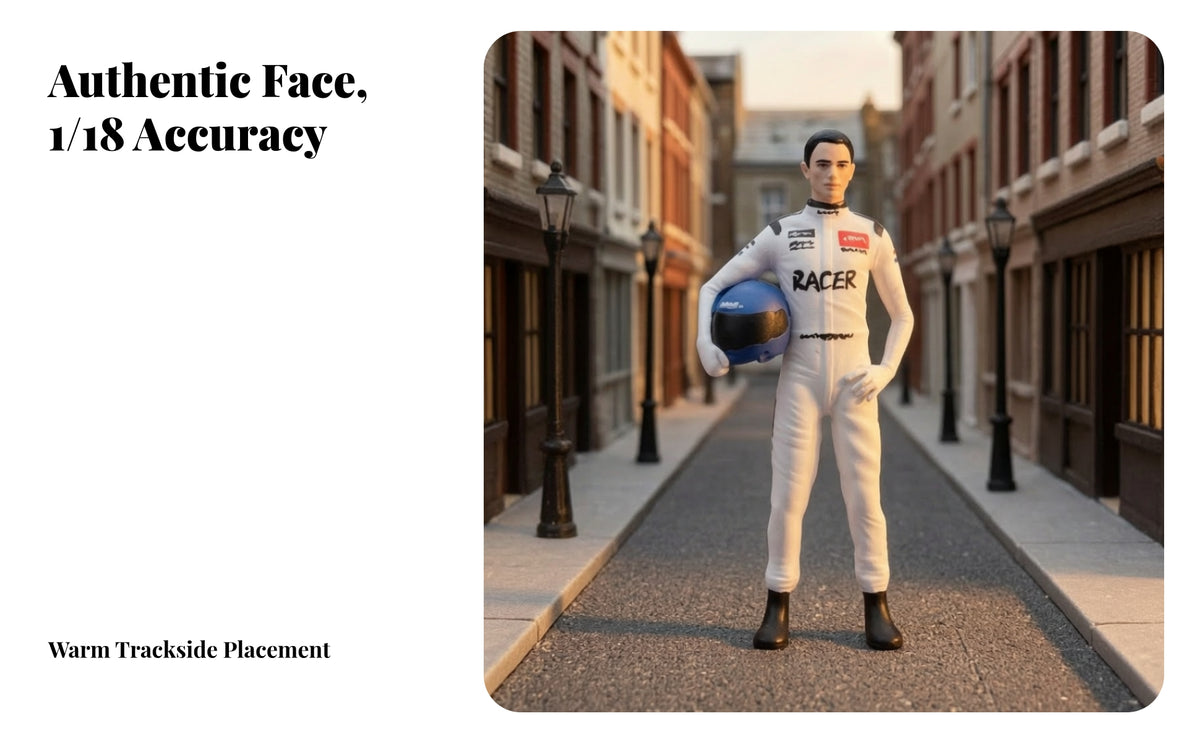 1/18 Scale Racer Figurine | Painted Facial Features, Racer Figure with Helmet, for Diorama