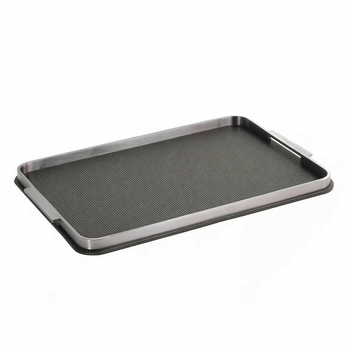 Leather Tray with Metal Frame Textured Rectangular Tray with Handles for Coffee Table