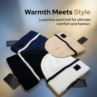 Beanie Hat with Embroidered Letters for Winter, Wool Blend Knit with Ear Flaps for Cold Weather, Foldable Thick Warm Design