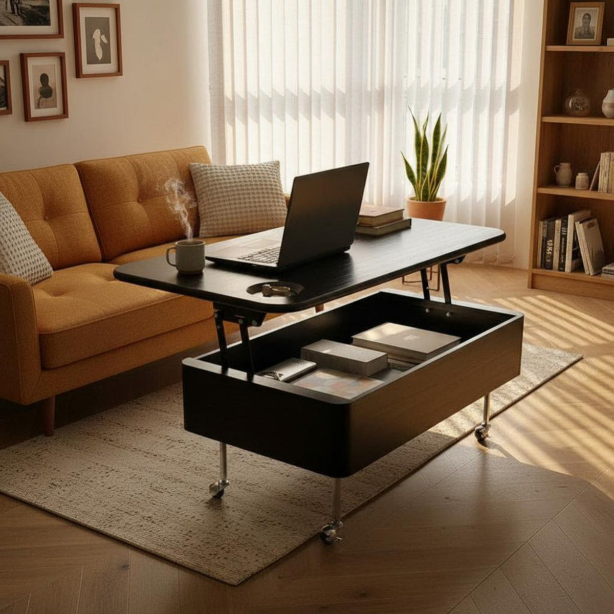 Vintage design elevatingTop C-Table with casters Height Adjustable Household Furniture Space Saving Design Hidden Storage for Small Apartment Residents, Remote Workers, Students, Living Room, Next to Sofa, Bedroom, Home Office