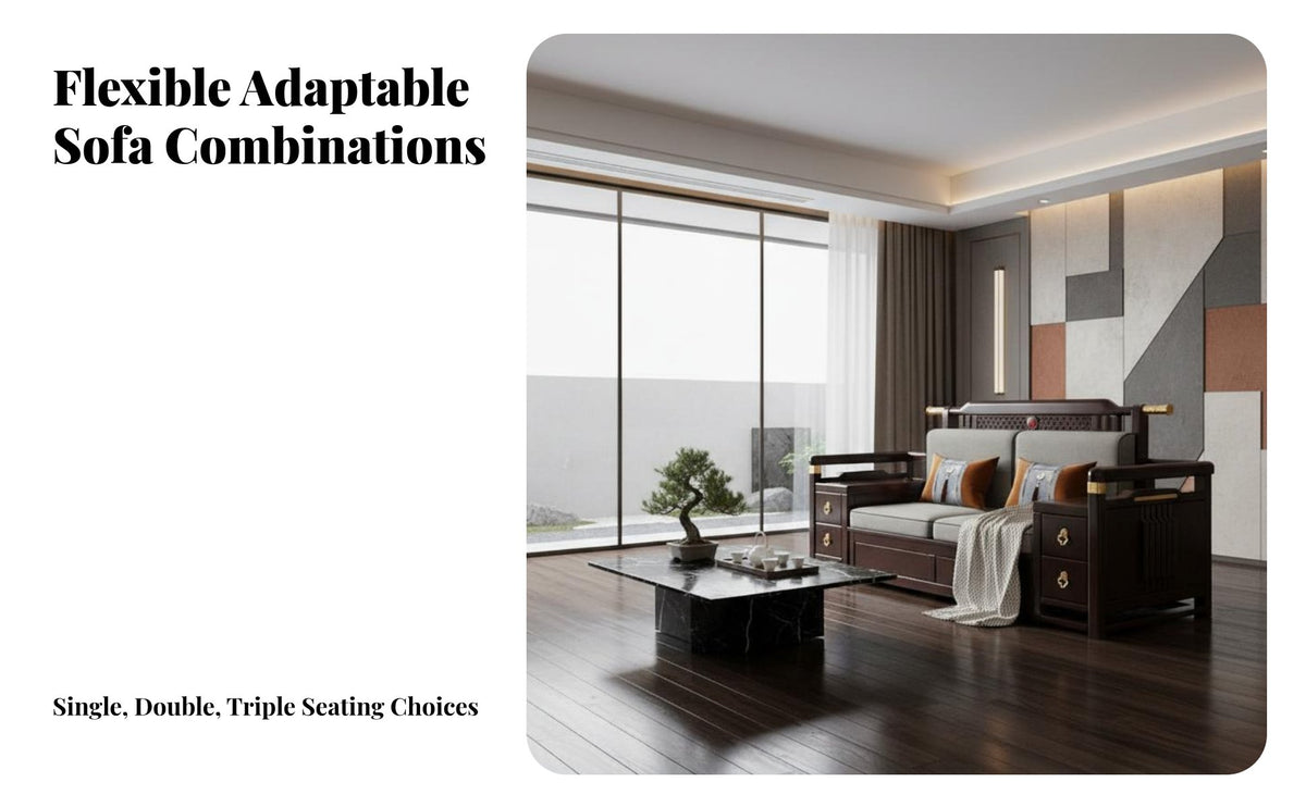 Modern Chinese aesthetic Oriental Wooden Sofa Set sturdy Wood Construction Living Room Furniture Intricate Carving features Seating Group long-lasting Frame for Interior Design aficionados, Homeowners, Families, Villa, Lounge Area, Reception Hall, Den