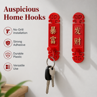 Red Key Holder Wall Hooks, Pressure-sensitive 3M Hooks, Decorative Festive Chinese Traditional Design, Removable Sticky for Key Rings
