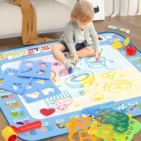 Messmessless Water Drawing Mat with Pens Lightweight Water Doodle Mat with Stamps Wipe-Clean Learning Toy Outdoor for Toddlers, Floor Play