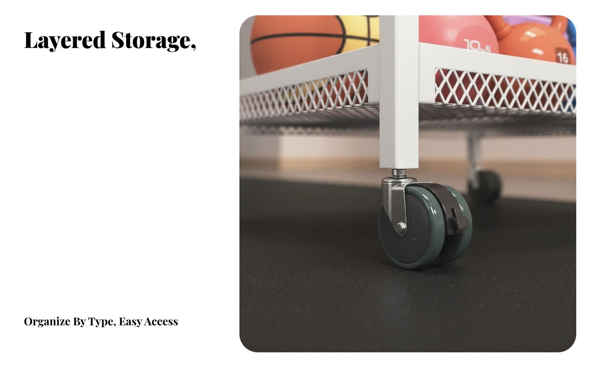 With Wheels Rolling Sports Equipment Cart Space Saving Rolling Gym Storage Cart Large Capacity Home Gym Equipment Organizer Long-Lasting Metal Frame for Fitness Enthusiasts, Families, Garage, Basement