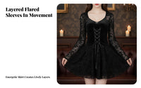 Vintage Inspired Black Bell Sleeve Dress Heart-Shaped Neckline Gothic Mini Dress women's Apparel for Young Adults, Teen Girls, Cosplayers, Halloween Party, Parties, Themed Events, Night Out
