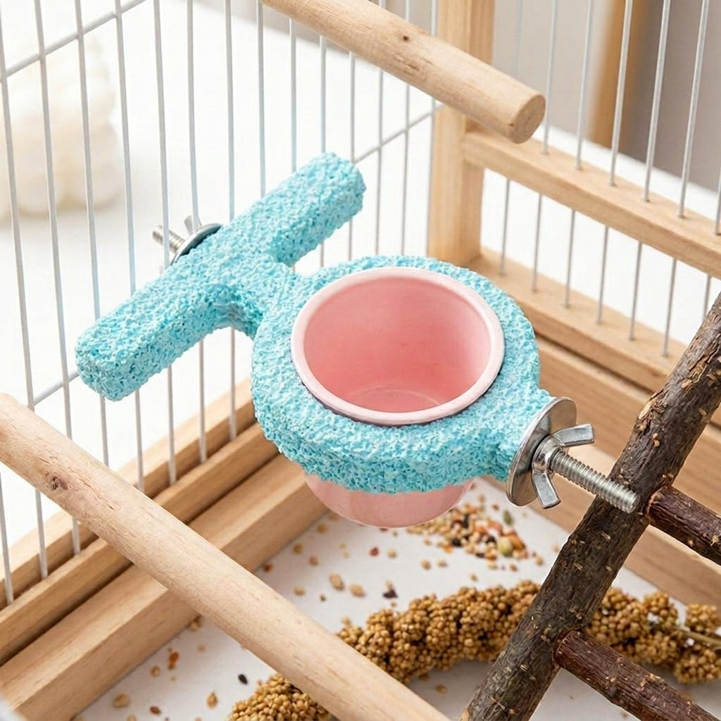 Resin Bird Stand, Crossbar Style Parrot Perch with Food Box, Rough Grinding Surface, Bird Resting Perch with Built-in Bowl for Cockatiel Use