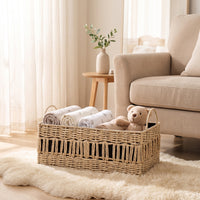 Braided Container Basket with Handles Rectangular Braided Straw Basket with Lining Stylish for Closet