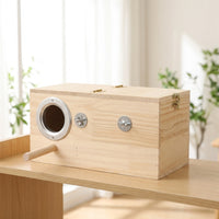 Metal Reinforced Nesting Box, Pine Wood Avian Box, Avian Nesting for Small Finch Breeding, External Mount with Perch and Wood Shavings