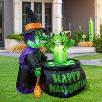 Green Inflatable Witch with Frog Bright Witch Inflatable with Pot Spooky Yard Inflatable Decoration Scary for Lawn