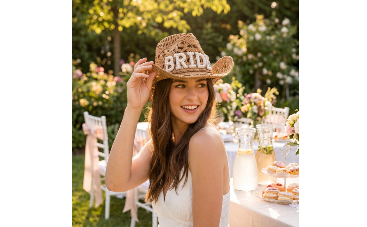 Handwoven Bridal Cowboy Hat Openwork Bride Cowboy Hat Wide Brim Lightweight for Bridesmaids, Bachelorette Parties, Weddings, Photo Shoots