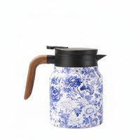 Large Capacity Stainless Steel Insulated Teapot New Year Gift Blue Floral Thermal Carafe for Home, Office