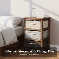 Narrow Bedside Storage Cabinet with Woven Baskets Solid Wood Frame Drawer Space Saving Nightstand for Bedroom, Living Room, Hallway