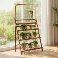 Ladder Plant Stand with Hanging Rod Indoor Plant Stand with Folding Design Wooden Stepped Flower Rack for Gardeners