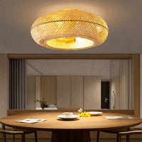 Flush-Mount Ceiling Fan with Basket Shade Caged Ceiling Fan Light Concealed Fixture LED for Bedroom