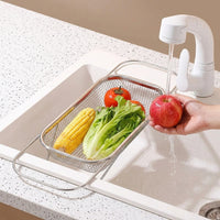 Extendable Dish Rack and Kitchen Sink Drainer, Stainless Steel Fruit Drain Basket and Vegetable Colander, Over Sink Space Saving Modern Style