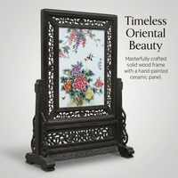 Privacy Screen Tabletop Display with Carved Vintage Wooden Frame, Jingdezhen Porcelain Plate Interior Decoration, 26.8" x 18.5" Ceramic Panel