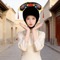 Embroidered Floral Bird Hat Velvety Ceremonial Hat Tasseled Black Headpiece