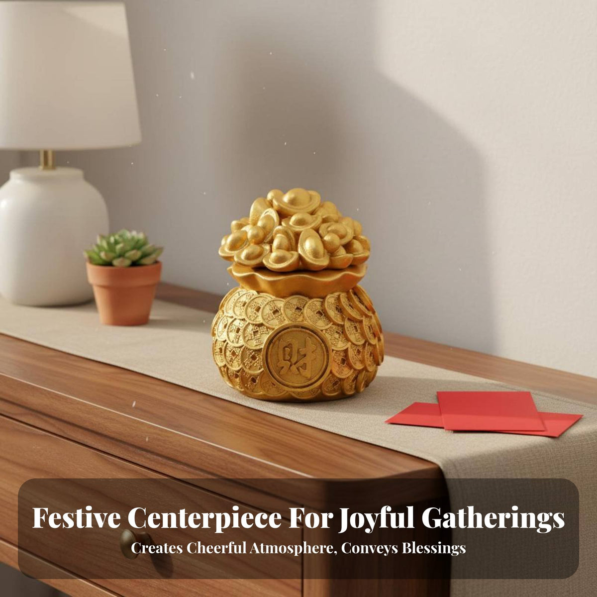 Gold Ingot Treasure Bowl Auspicious Design Chinese Wealth Bag Statue Gold Ingot Wealth Pot Festive Gift Resin Treasure Basin