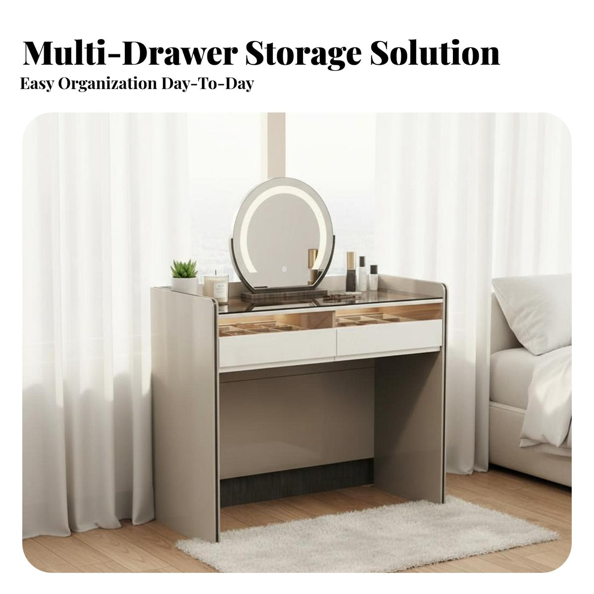 Modern Design Dressing Table with Lighted Mirror and Side Cabinet Large Storage Capacity Lighted Vanity Set Integrated single Makeup Desk Glass Door Display for Women, Teenagers, Teens, walk-through Closet