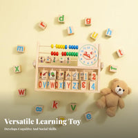 Educational Wooden Abacus Clock Toy Colorful Alphabet Number Learning Board Develops Fine Movement Skills for Preschoolers, Toddlers