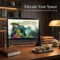 Desktop Screen for Desk Decoration, Chinese Antique Style Porcelain Plaque with Lacquerware Frame, Mini Display for Office Collectors