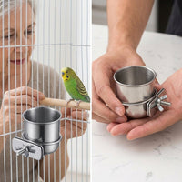 Bird Feeder Cup with Fastener, Stainless Steel Single Clasp Bowl Feeding Dish, Rolled Edge Steel Bowl for Budgie and Cockatiel Hanging Parrot Feeder