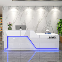 1 Piece White Reception Desk High-gloss Split-level Front Desk Sturdy Particleboard Construction Lockable Drawer Suitable for Salon Receptionists Boutique Retail Store Office Spa