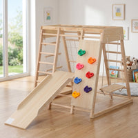 Climbing Play Structure with Slide Wood Wooden Climbing Frame with Swing Multifunctional Indoor Playground with Slide for Living Room, Nursery