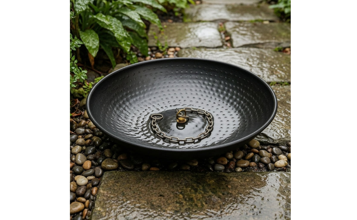 Monarch Hand-Hammered Wrought Iron Rain Chain Drip Pan, Matte Black, Decorative Fixed Basin