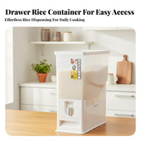 Airtight Seal 15kg Rice Storage Container Large Capacity Measuring Rice Bin with Drawer Single-Press Dispensing for Kitchen