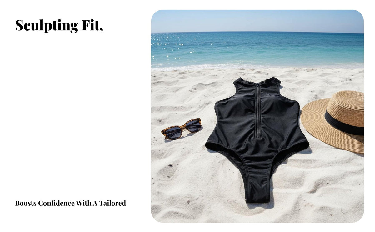 Fastener Front Single-Piece Swimsuit Quick-Dry Material Uniform Color Wave Suit Zip Front Bathing Suit Breathable