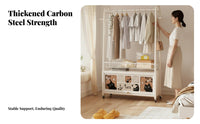 Movable on Wheels Rolling Clothes Hanger Dust-Proof Rolling Wardrobe with Cabinet Easy Assembly Garment Stand Heavy Duty for Renters, Students, Adults, Bedroom, Living Room, Entryway, Walk-in Closet