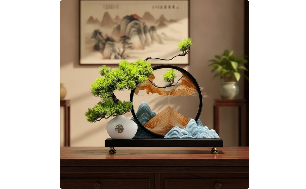 Sand Art Frame with Conifer Branch Sculptural Tabletop Sculpture Textured Desktop Decor Piece for Entryway