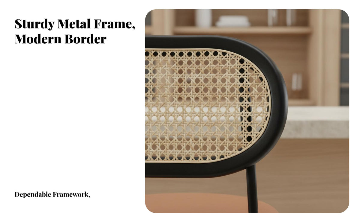Nordic Design Rattan Backrest High Stool Built-in Footrest Rattan Back Counterstool Cushioned Seat Bar Chair Sturdy Frame for Interior Designers, Homeowners, Adults, Kitchen Island, Restaurant, Dining Room, Balcony