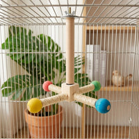 Rotating Perch Parrot Toy with 4 Wood Branches, Rotating Wooden Bird Toy for Cockatiel, Colorful Ball Bird Cage Toy Decor
