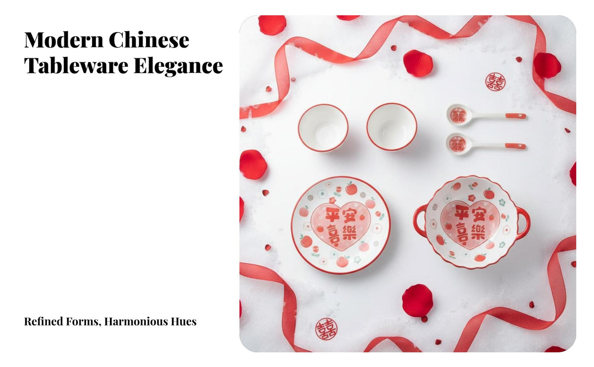 Chinese Red Dinnerware Set, Ceramic Bowls Plates Chopsticks, Festive Wedding Gift Box