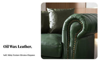 Genuine Leather emerald Button-Tufted Sofa Oil Wax Finish Button-Tufted Settee Vintage design Living Room Furniture timeless outline for Interior Designers, Apartment Dwellers, spirits Bar, Hotel Lobby, Office, Bedroom