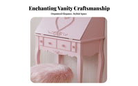 French design Carved Dressing Table with Stool and Mirror Princess Theme Vanity Set Floral Carvings Bedroom Furniture Space-Saving for Teenage Girls, Makeup lovers, Teenagers, Small Apartment, Dorm Room