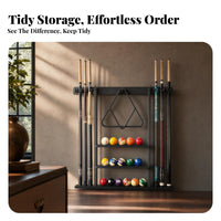 Space Saving Pool Cue and Ball Rack Game Room Storage Dark Finish Vertically Mounted