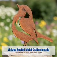 Iron Garden Decor, Rust-Colored Bird Sculpture, Outdoor Metal Yard Stake