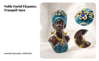 Blue Patterned African Woman Bust Sculpture Dark Brown Resin Decorative Bust Textured African Female Sculpture Gold-Tone