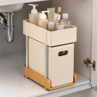 Under Sink Storage Drawers, 2 Tier Retractable Cupboard Organiser, Pull Out Drawers for Kitchen & Bathroom, Beige