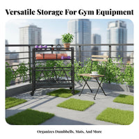 With Wheels Exercise Mat and Ball Storage Rack Space Saving Design Home Gym Storage Cart Lockable Casters Rolling Sports Gear Rack Easy Assembly for Basement