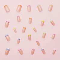 Nails French Tip with Rainbow Stripes, Short Square False for Weddings and Parties, Reusable Artificial with Jelly Glue and Included