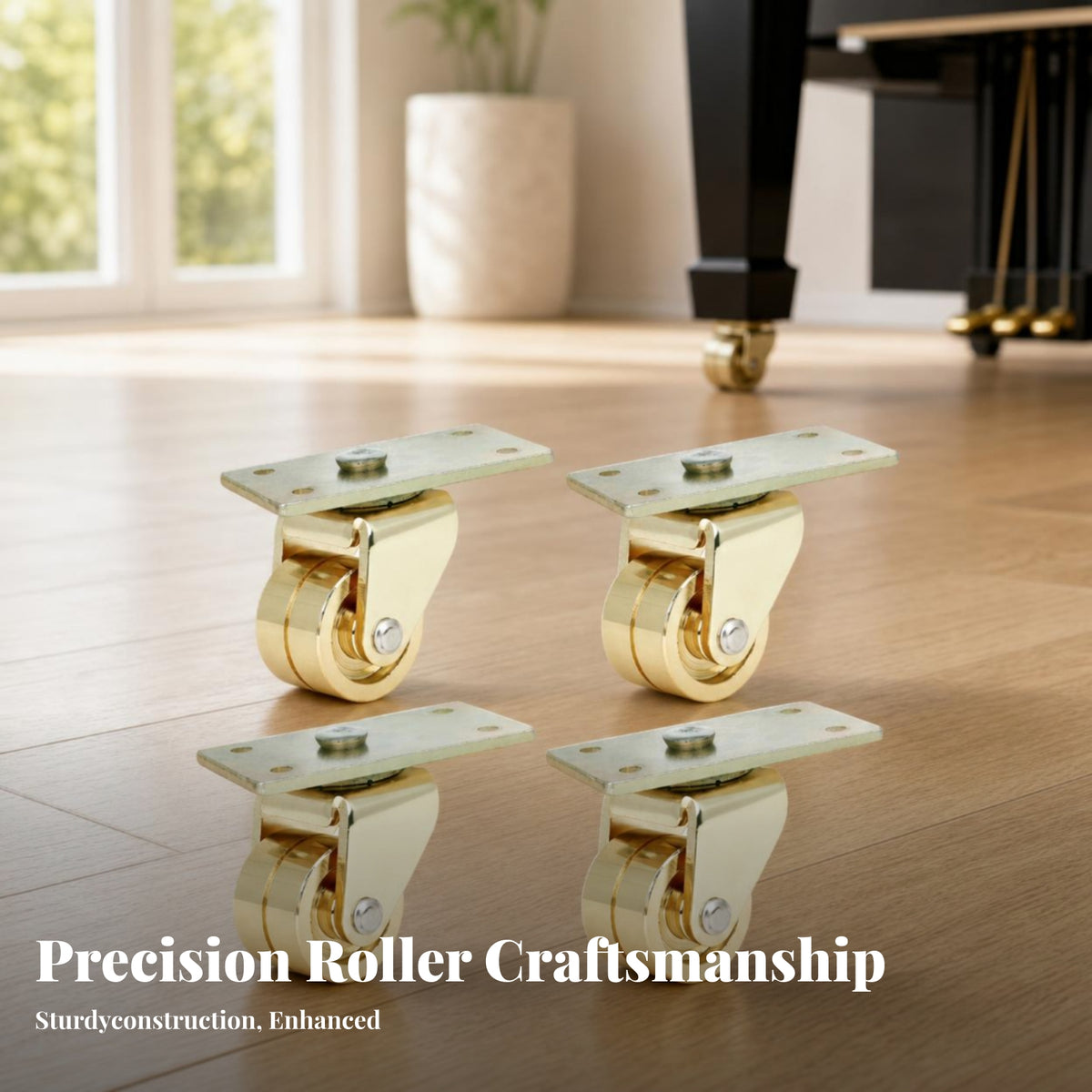4 Pieces Gold-Tone Upright Piano Caster Set of 4 Rectangular Mounting Plate Double-Wheel Piano Caster Polished Finish