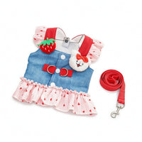 Dog Harness Dress with Leash Strawberry Cat Harness Dress with Leash Ruffled Cute for Small Dogs, Outdoor Walking, Daily Walks