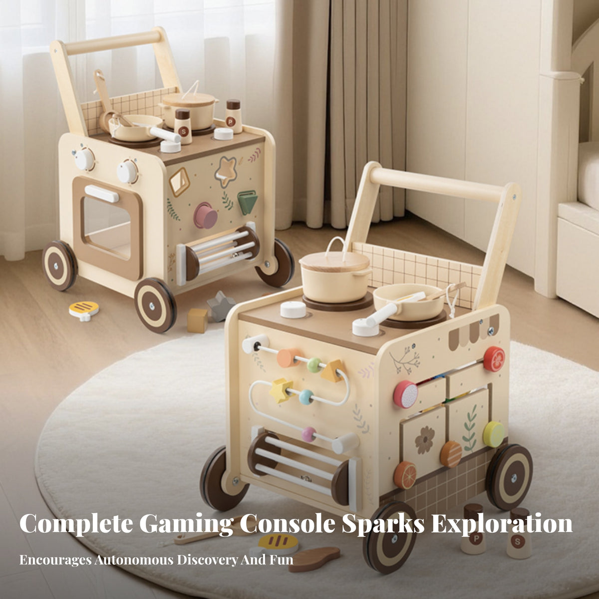 Wooden Child Pusher Cream Finish Kitchen Cart Pusher Interactive for Young Children