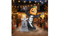 2 Pieces Spooky Inflatable Skeleton with Pumpkin Head Outdoor Inflatable Tombstone with Ghost Self-Standing Halloween Inflatables Lawn for Porch