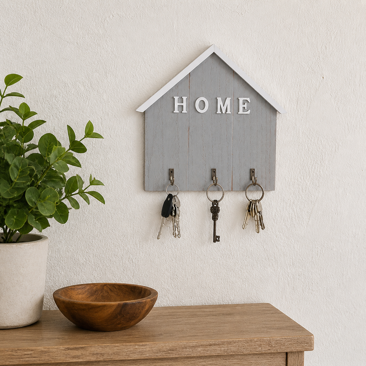 Wooden Key Holder, Wall Mounted Key Hanger with 3 Hooks, Decorative Structure Design for New Homeowners, Mudroom Key Rack