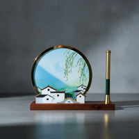 Pen Stand with Wooden Base Classic Paintbrush Cup Compact Ornament for Collectors, Professionals, Study, Office
